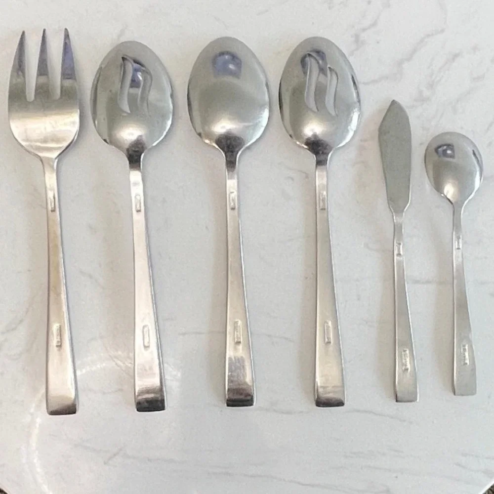 Libbey Flatware Serving Set Stainless Steel Retro Modern Hostess Utensils
